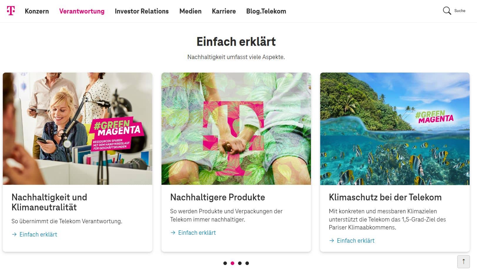 Die Deutsche Telekom erklärt auf ihrer Website umfangreich ihre Nachhaltigkeitsstrategie. Foto: Screenshot Deutsche Telekom.