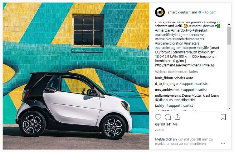 Die ungefragte Nutzung von Graffiti durch Smart quittierten viele Instagram-Nutzer mit Kritik und Solidarität für den Künstler. (c) Screenshot/Instagram