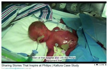 Eine Mitarbeiterin aus Irland berichtete ihren Kollegen von der Rettung ihrer frühgeborenen Zwillinge und filmte Monitore und andere technische Geräte von ihrem Unternehmen, die das Klinikpersonal dafür nutzte. (c) Screenshot: Philips/Kaltura