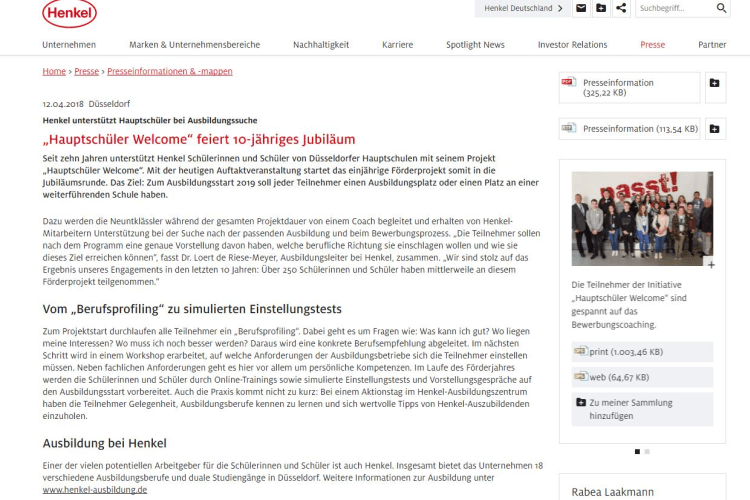 Weitere Informationen zum Thema: Henkel verweist am Ende der Presseinformation auf einen internen Link, unter dem Medienvertreter mehr erfahren. (c) Screenshot/Quadriga Media Berlin