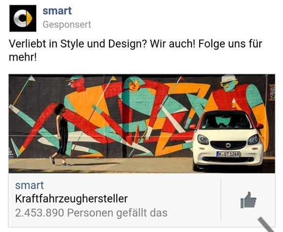 Smart verwendete ein Graffito des Hamburger Künstlers Caspar David Engsfeld alias Krashkid für eine Werbekampagne - ohne den Künstler zu fragen oder zu nennen. Nach Kritik hat der Autohersteller das Bild gelöscht. (c) Screenshot/Facebook 