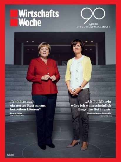 Auf einem Foto mit der Bundeskanzlerin: Nicola Leibinger-Kammüller und Angela Merkel zieren das Cover der Jubiläumsausgabe "90 Jahre" der Wirtschaftswoche im September 2016. (c) Wirtschaftswoche